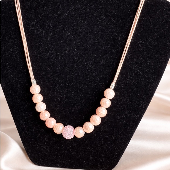 None Jewelry - Rose Gold Pink Bead Necklace with Pink Pavé Accent